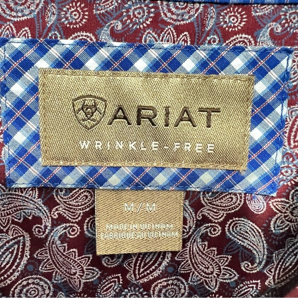 Ariat Men’s Medium Burgundy Paisley Button-Up Shirt • 100% Cotton • Wrinkle-Free - Picture 4 of 13